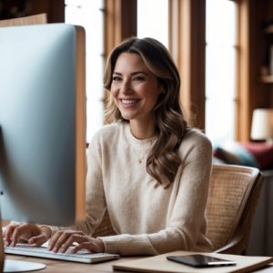 Das Bild zeigt eine Frau mit vollen Lippen, die freundlich lächelnd auf einen Computerbildschirm blickt. Sie hat blonde, wellige, schulterlange Haare und trägt dezente Accessoires, die ihr Erscheinungsbild elegant und professionell wirken lassen. Neben ihr auf dem Tisch liegen ein Notizblock und ein Smartphone, was darauf hinweist, dass sie möglicherweise Notizen macht oder auf Anrufe und Nachrichten wartet. Der Raum, in dem sie sich befindet, ist etwas unscharf, aber man kann warme Brauntöne erkennen, die eine gemütliche und einladende Atmosphäre schaffen. Der Fokus des Bildes liegt klar auf der Frau und ihrem freundlichen Ausdruck, der eine positive und produktive Arbeitsumgebung suggeriert. Die dezente Unschärfe des Hintergrunds lenkt nicht ab und betont die warme Farbgebung, die den Raum heimelig wirken lässt. Der Raum in den man sieht ist etwas unscharf aber man erkennt warme Brauntöne. Neben ihr liegt ein Block und darauf ein Smartphone. Contentproduktion Wien Video-Produktion Wien Filmproduktion Wien Video-Marketing Wien Wiener Videoproduzenten Content Creation Wien Wiener Medienproduktion Kreative Videoinhalte Wien Film- und Videodienste Wien Professionelle Videoproduktion Wien Wiener Film- und Videoproduzenten Videoproduktion für Unternehmen Wien Wien Content Services Wiener Produktionsfirma für Videos Film- und Videoinhalte Wien Video-Editing Wien Wiener Medien- und Filmservice Corporate Video Wien Werbevideos Wien Kreative Content-Lösungen Wien Employee Branding Videos Wien Recruiting Videos Wien Arbeitgebermarken-Videos Wien Recruiting-Filmproduktion Wien Mitarbeitergewinnung Videos Wien Employer Branding Content Wien Personalmarketing Videos Wien Recruiting Video-Produzenten Wien Arbeitgebermarketing Videos Wien Mitarbeiterwerbung Videos Wien Logo Animation Wien Logo Animation Service Wien Animierte Logos Wien Logo-Design Videos Wien Copywriting Wien Werbetexte Wien Textgestaltung Wien Kreatives Copywriting Wien Coole Locations Wien Coole Drehorte Wien Außergewöhnliche Drehlocations Wien Besondere Drehorte Wien Kreative Locations Wien Einzigartige Drehorte Wien Film Locations Wien Ungewöhnliche Locations Wien Drehorte für Videos Wien Top Locations für Videoproduktion Wien Wiener Drehorte für Filme Exklusive Drehorte Wien