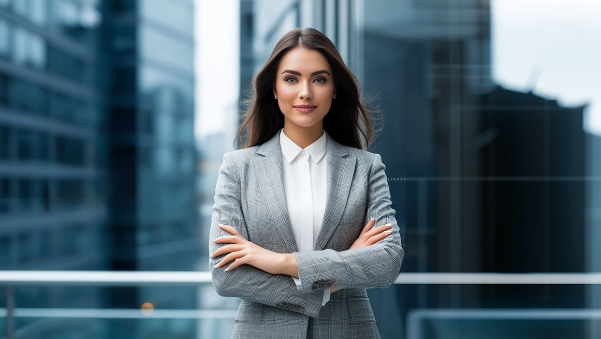 A beautiful, well-dressed young woman stands confidently against a modern urban backdrop, symbolizing brand identity and brand development.