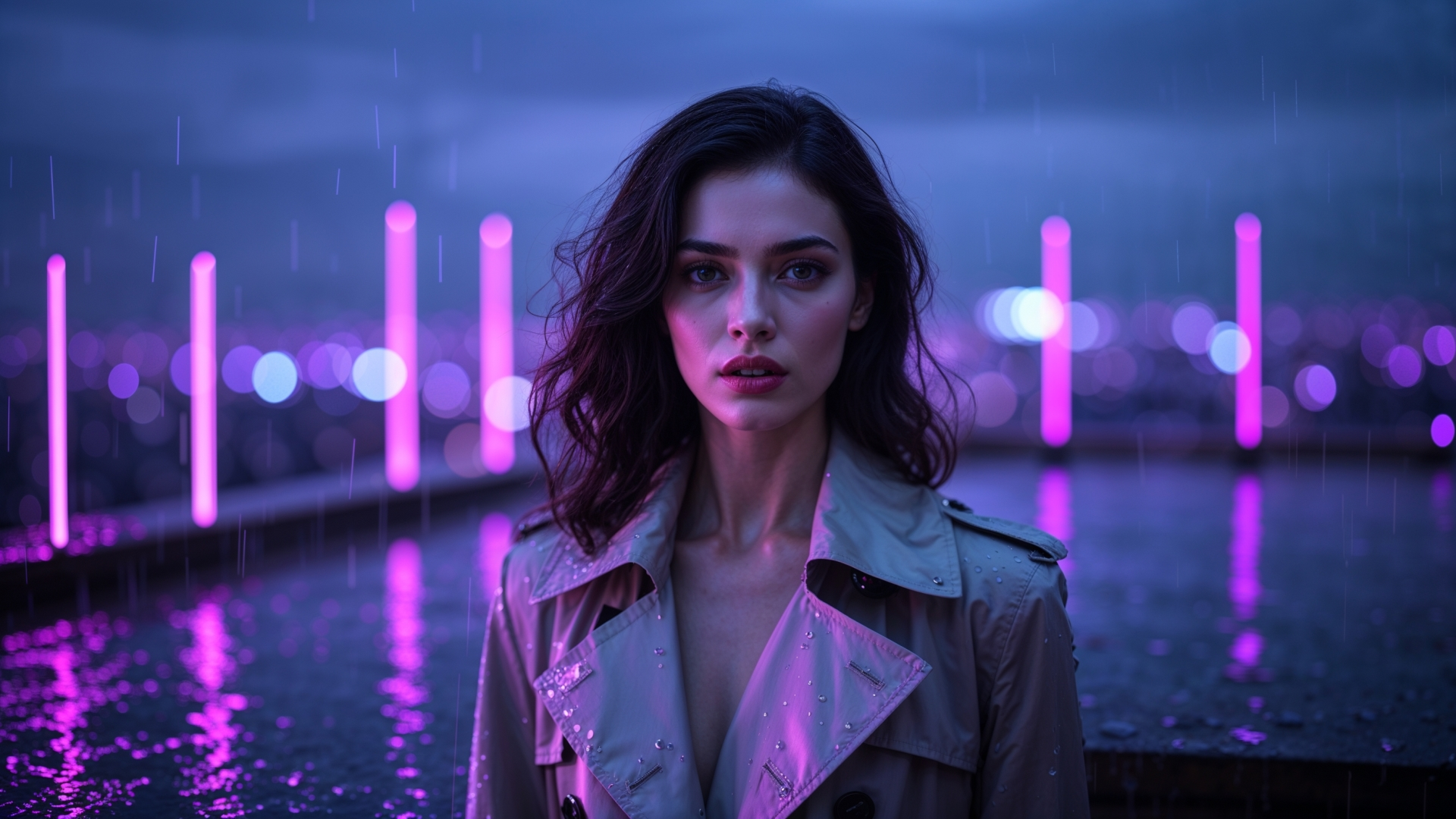FAQ_Header Junge Frau im beigefarbenen Trenchcoat steht im Regen vor einer futuristischen Stadtkulisse mit leuchtenden pink-violetten Lichtstäben im Hintergrund.