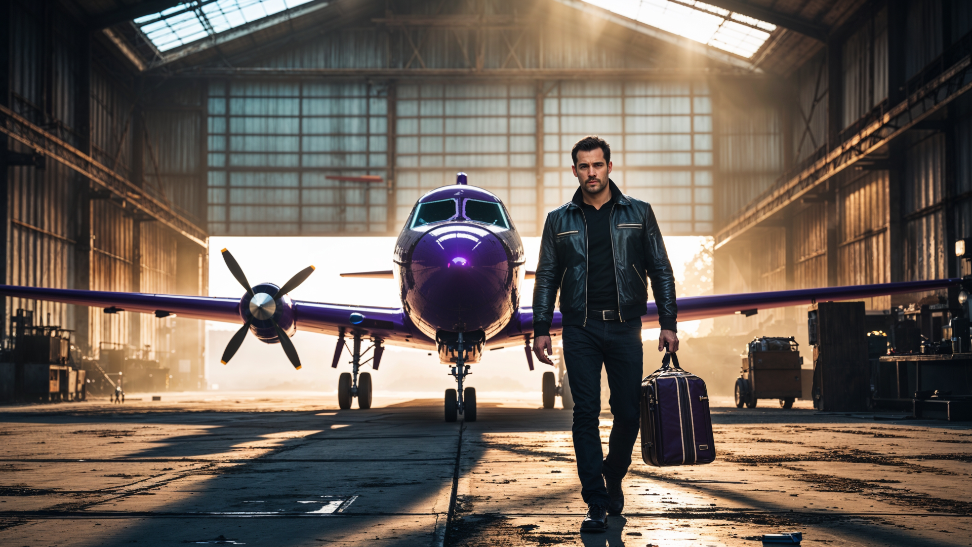 Header_3 Mann in Lederjacke läuft selbstbewusst mit Reisetasche vor einem lila Flugzeug in einem Hangar.