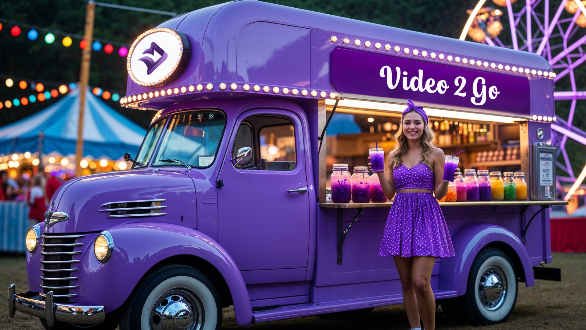 Header_4 Junge Frau in einem lila Kleid steht vor einem lila Foodtruck mit „Video 2 Go“-Logo und hält zwei bunte Getränke.