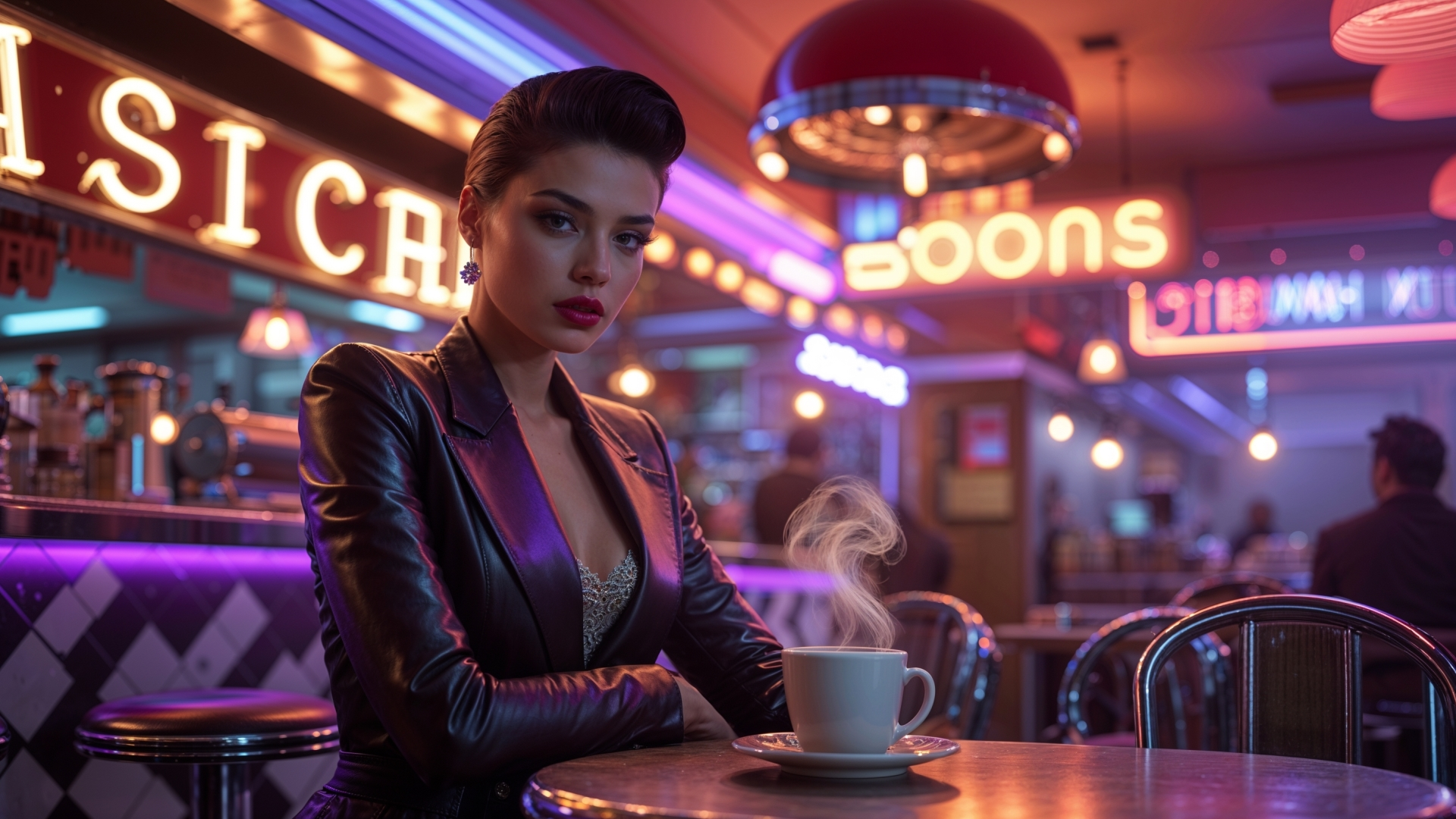 Kontakt Stilvolle Frau im schwarzen Lederoutfit sitzt an einem Tisch in einem Retro-Diner mit Neonbeleuchtung. Vor ihr steht eine dampfende Kaffeetasse.
