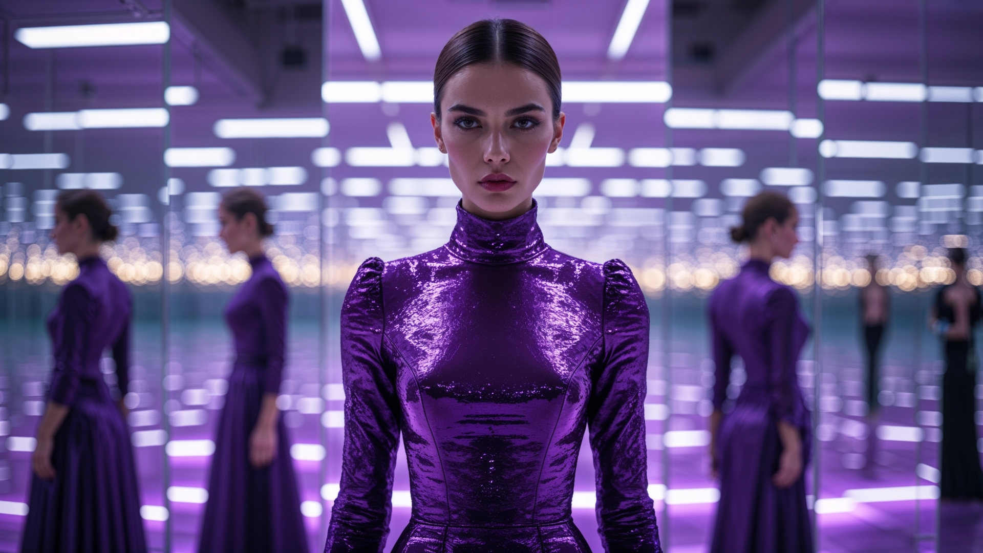 Uber-uns_Header Frau in einem glänzenden, violetten High-Fashion-Kleid steht in einem Raum voller Spiegel, die unendlich viele Reflexionen erzeugen.