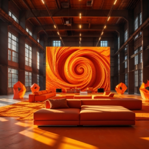 Großer, moderner Loft-Raum mit orangener Einrichtung und einem leuchtenden, spiralförmigen Kunstwerk auf einer großen Leinwand im Hintergrund.